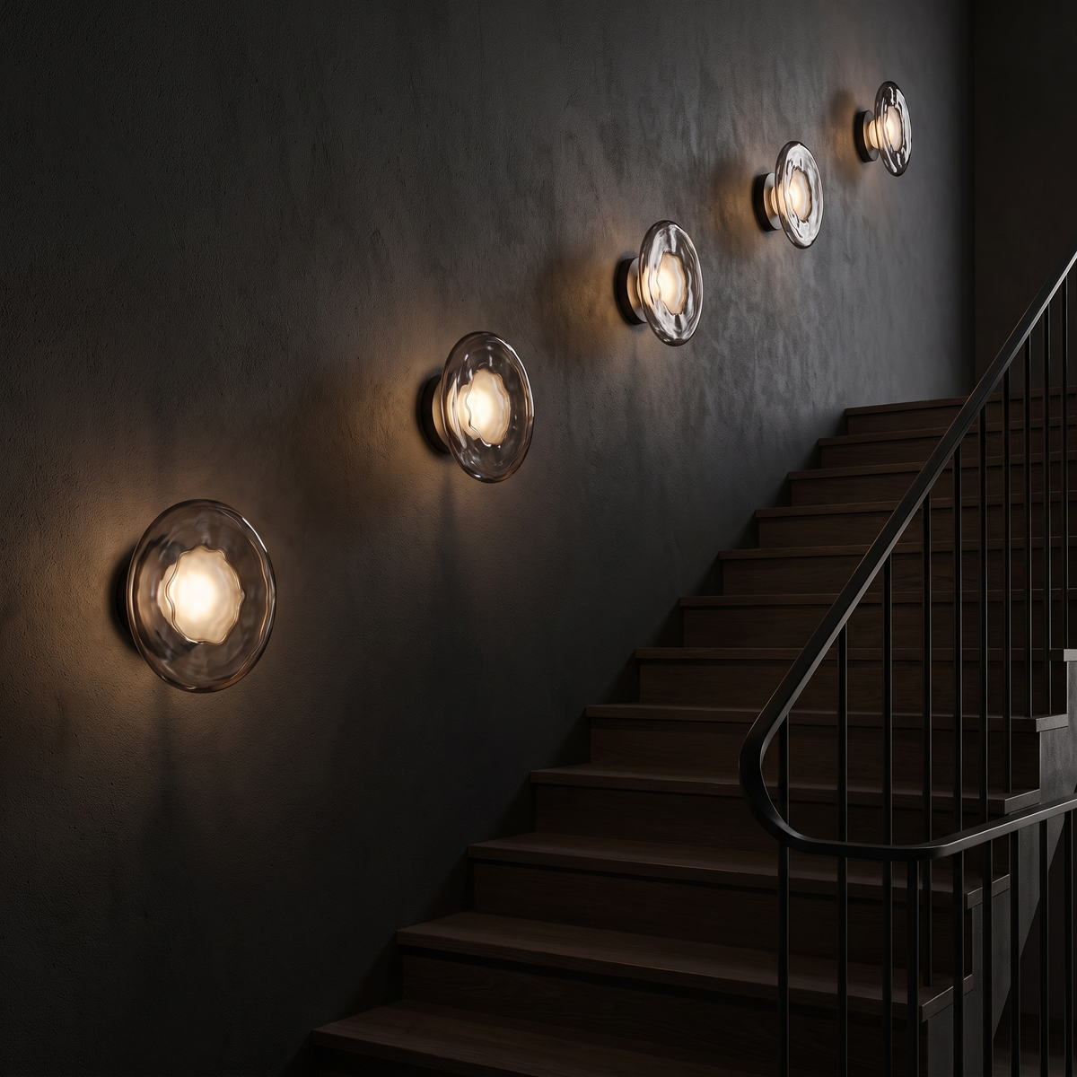 Glass disc wall sconces along a staircase wall lighting the steps
