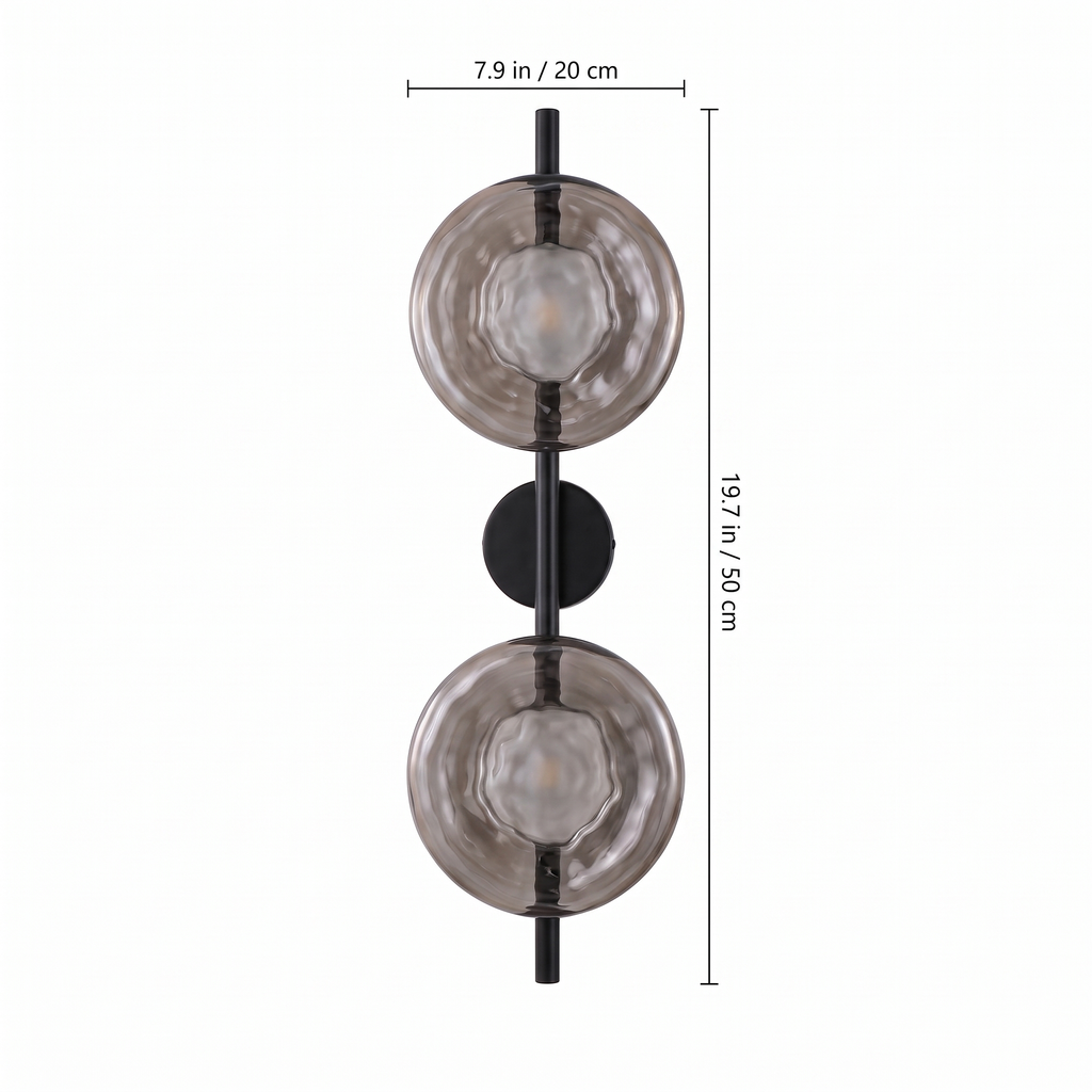 Double glass disc wall sconce dimensions: 7.9 in disc, 19.7 in overall height
