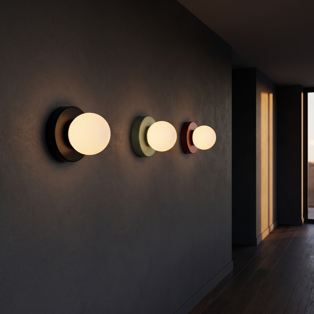 Small globe wall sconces in black, sage and wine along a hallway wall