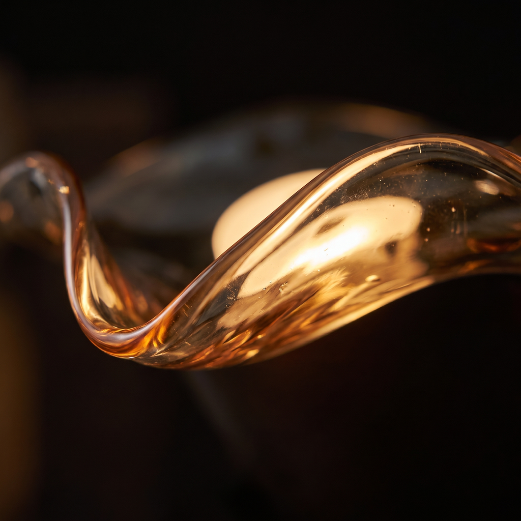 Close-up of the rippled amber glass edge glowing