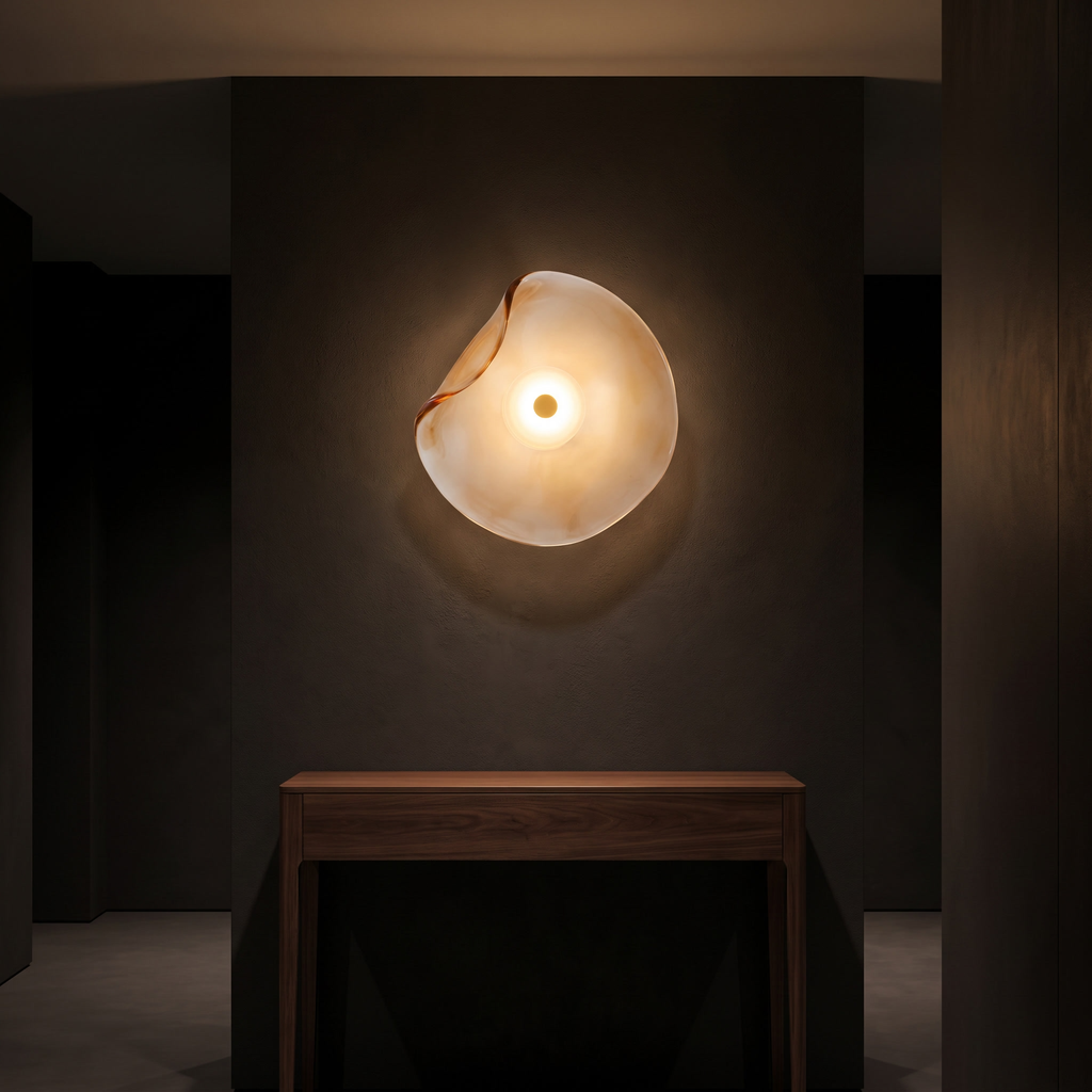 Wavy glass wall sconce above a walnut console in a dark hallway