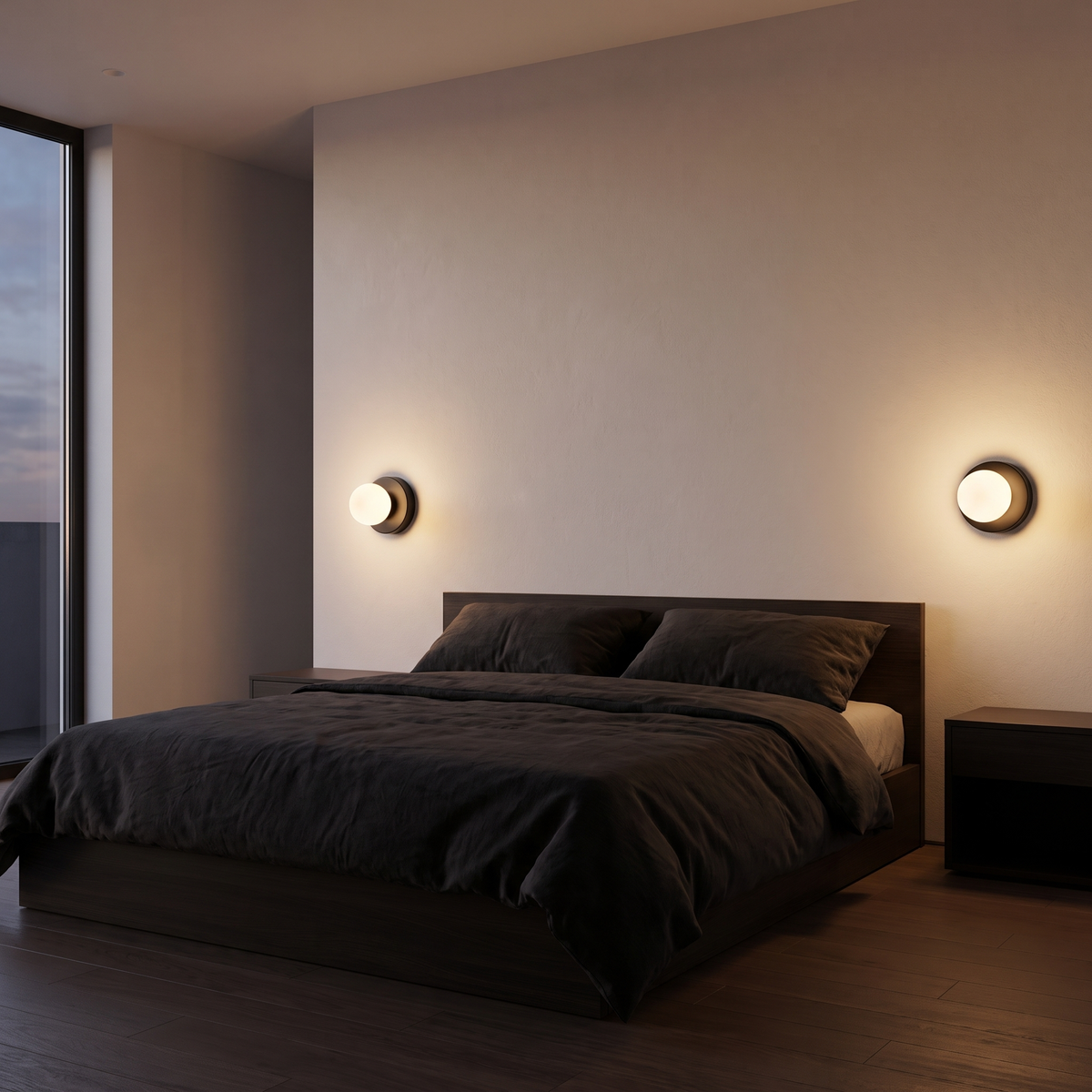 Small globe wall sconces, a pair either side of a bed on a warm white wall