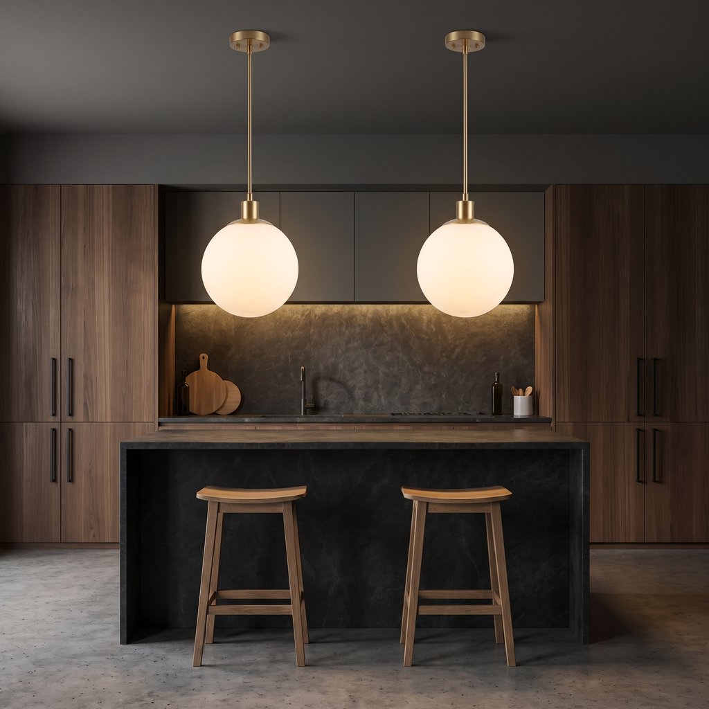 Milk glass globe pendant lights, a pair hanging over a dark stone kitchen island with two oak stools