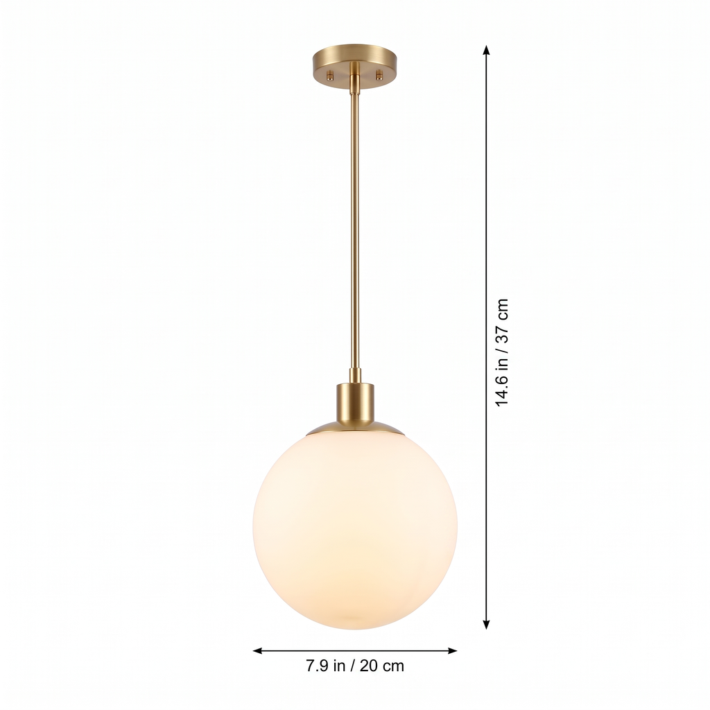 Milk glass globe pendant light dimensions: 7.9 in globe, 14.6 in drop
