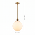 Milk glass globe pendant light dimensions: 7.9 in globe, 14.6 in drop