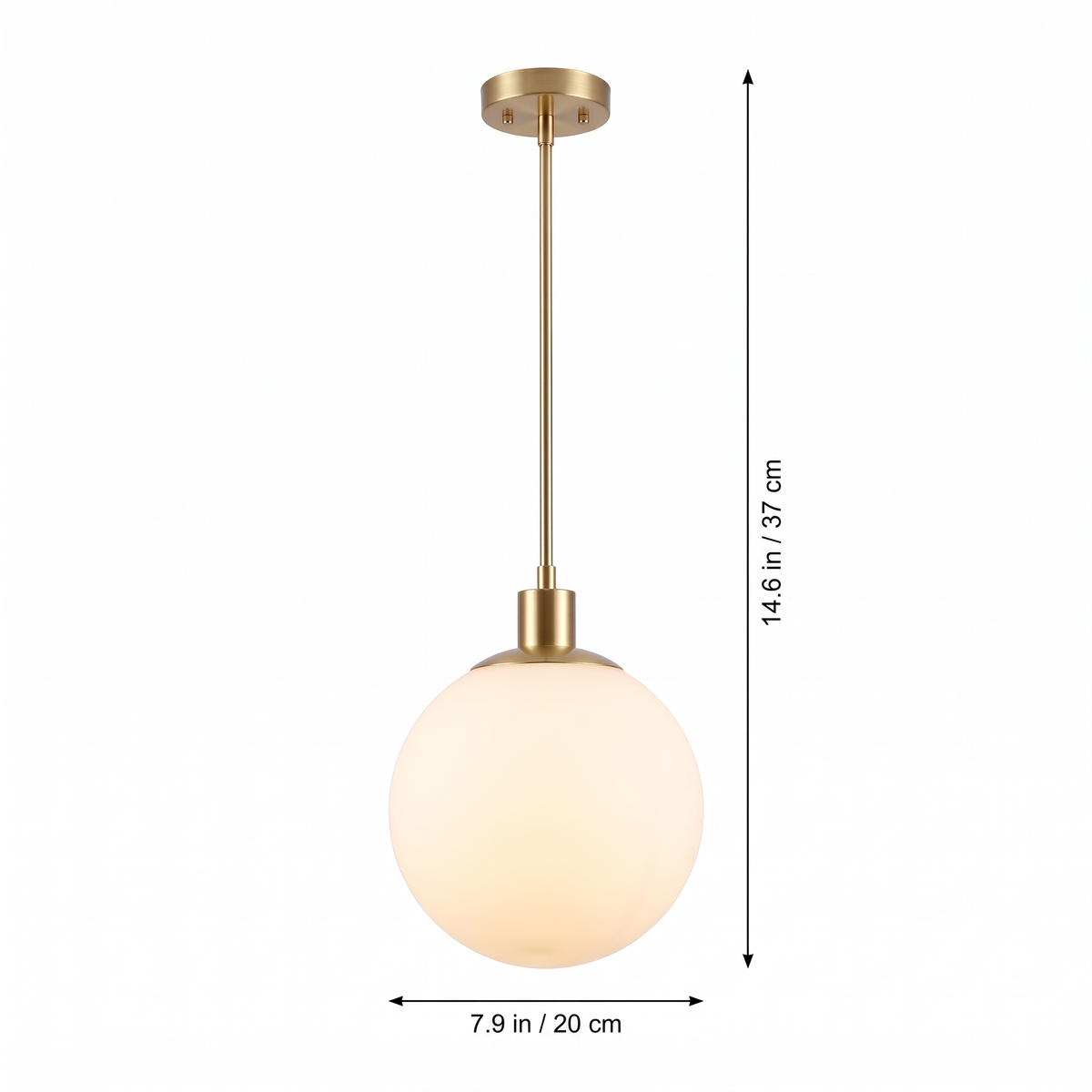 Milk glass globe pendant light dimensions: 7.9 in globe, 14.6 in drop