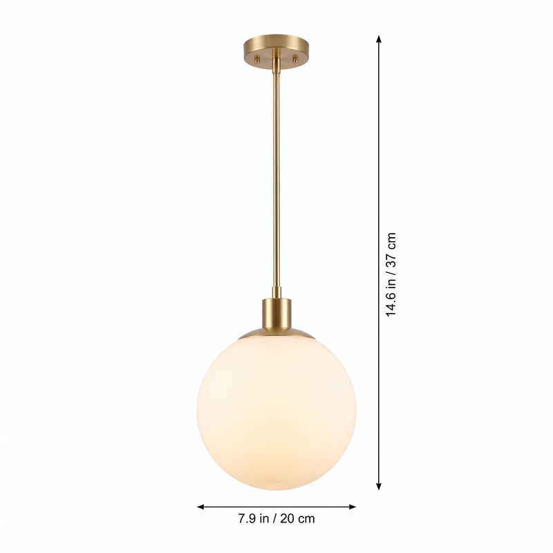 Milk glass globe pendant light dimensions: 7.9 in globe, 14.6 in drop