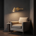Swing arm cylinder wall sconce above a linen reading chair in a cozy corner