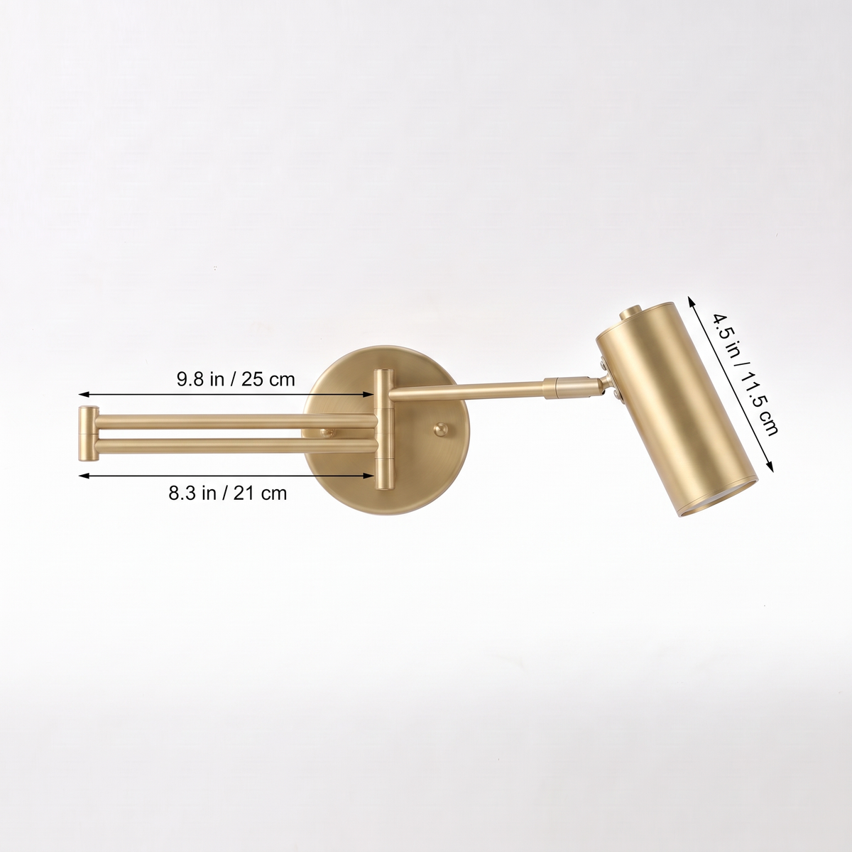 Swing arm wall sconce dimensions: 9.8 in and 8.3 in arm sections, 4.5 in cylinder head
