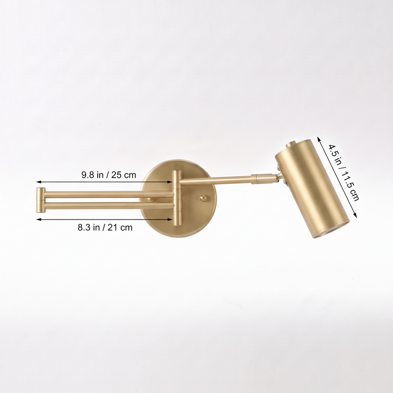 Swing arm wall sconce dimensions: 9.8 in and 8.3 in arm sections, 4.5 in cylinder head