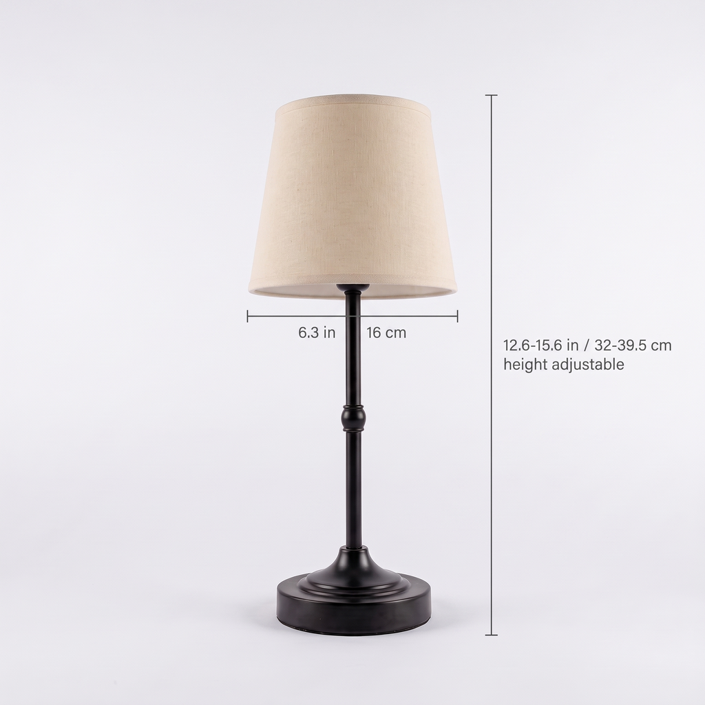 Dimmable Cordless Table Lamp dimensions: height adjustable from 12.6 in to 15.6 in, 6.3 in shade