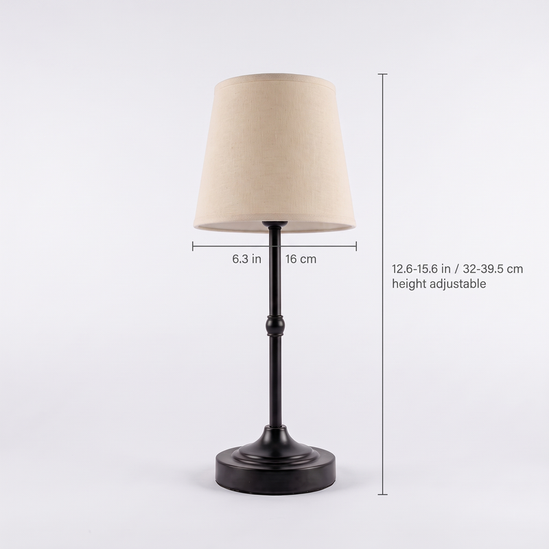 Dimmable Cordless Table Lamp dimensions: height adjustable from 12.6 in to 15.6 in, 6.3 in shade