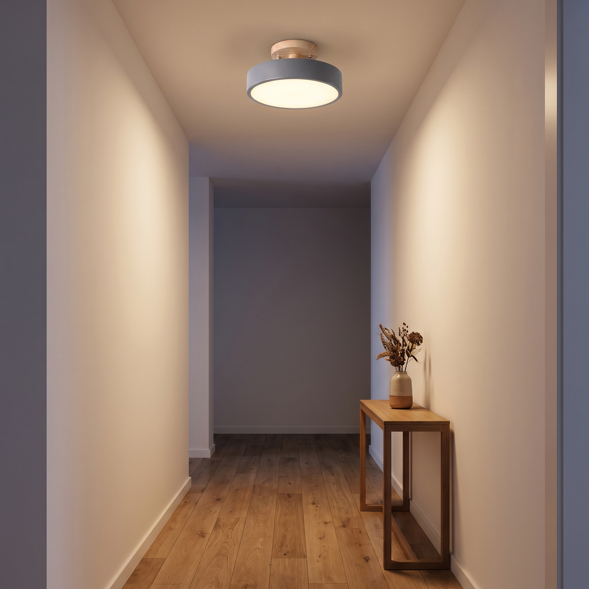 Wood Semi Flush Mount Ceiling Light lighting a narrow hallway