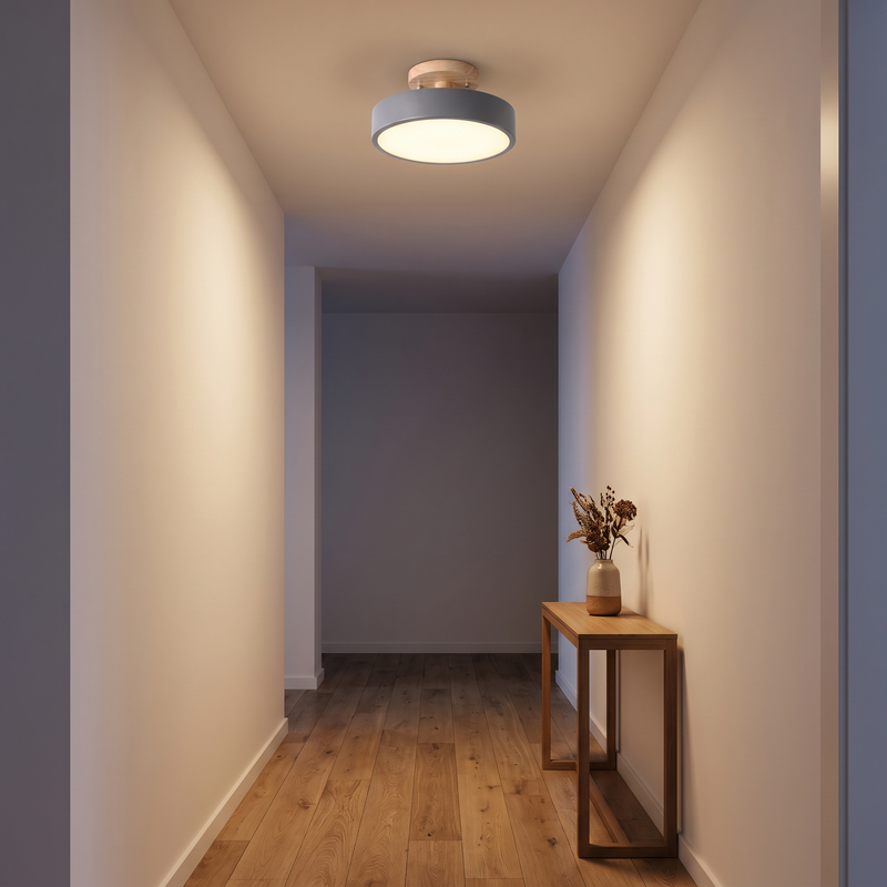 Wood Semi Flush Mount Ceiling Light lighting a narrow hallway