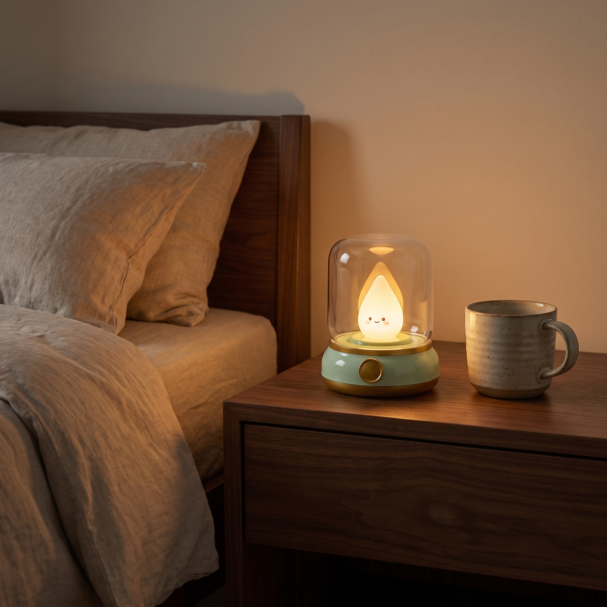 Flameless Candle Night Light glowing on a bedside table at night