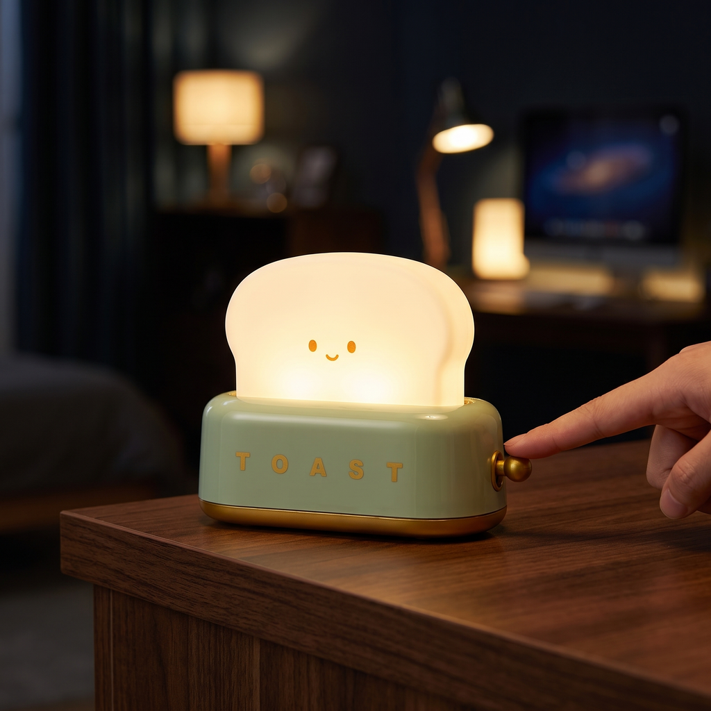Toaster Night Light on a desk corner, pressing the side lever