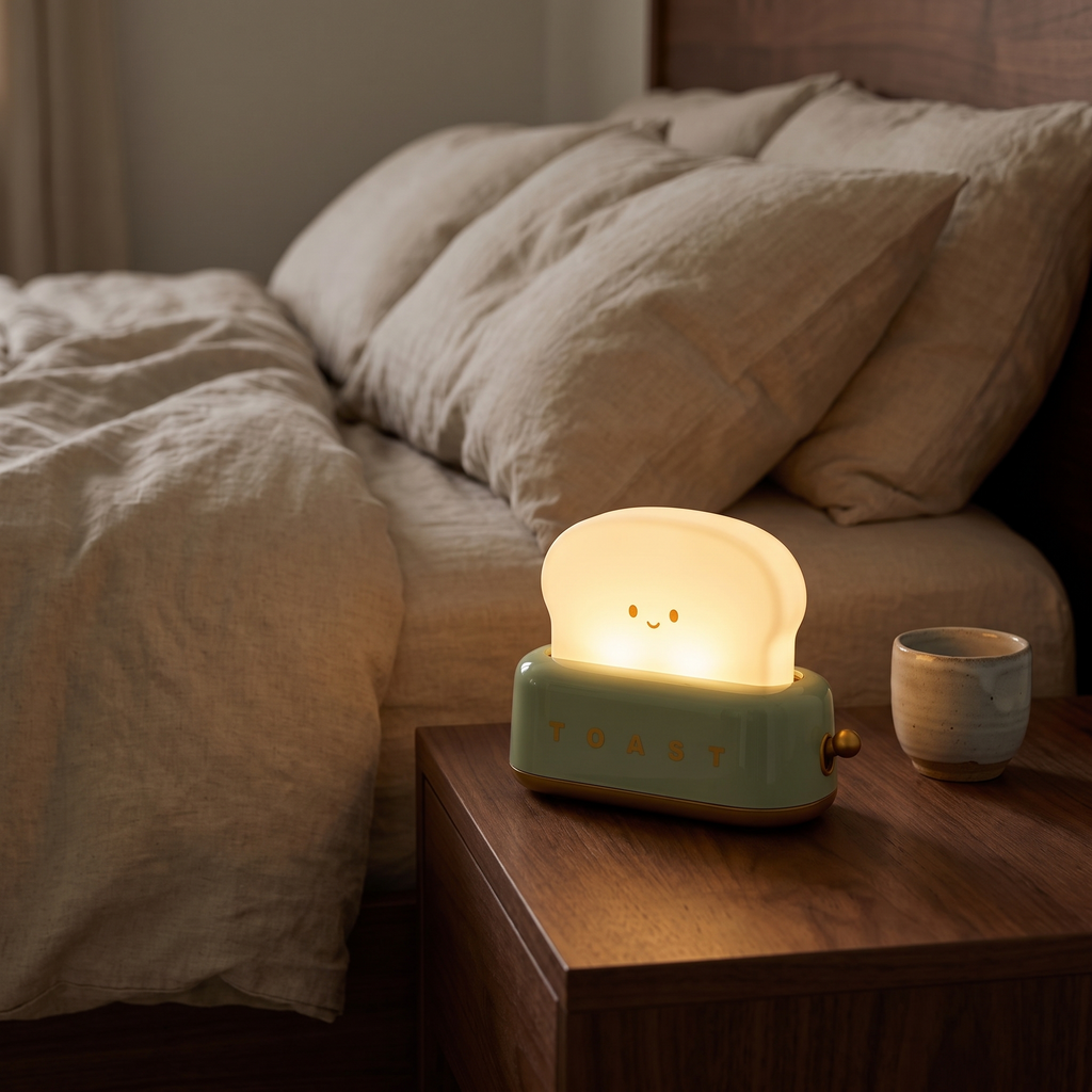 Toaster Night Light glowing on a walnut nightstand at night