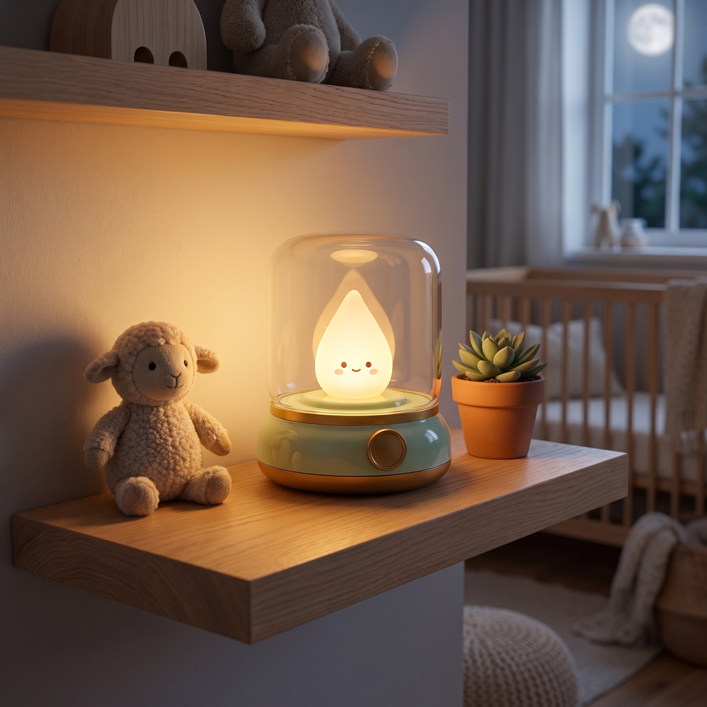 Flameless Candle Night Light on a nursery shelf