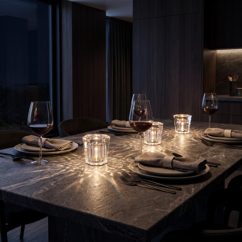 Three Cordless Crystal Table Lamps glowing on a dinner table