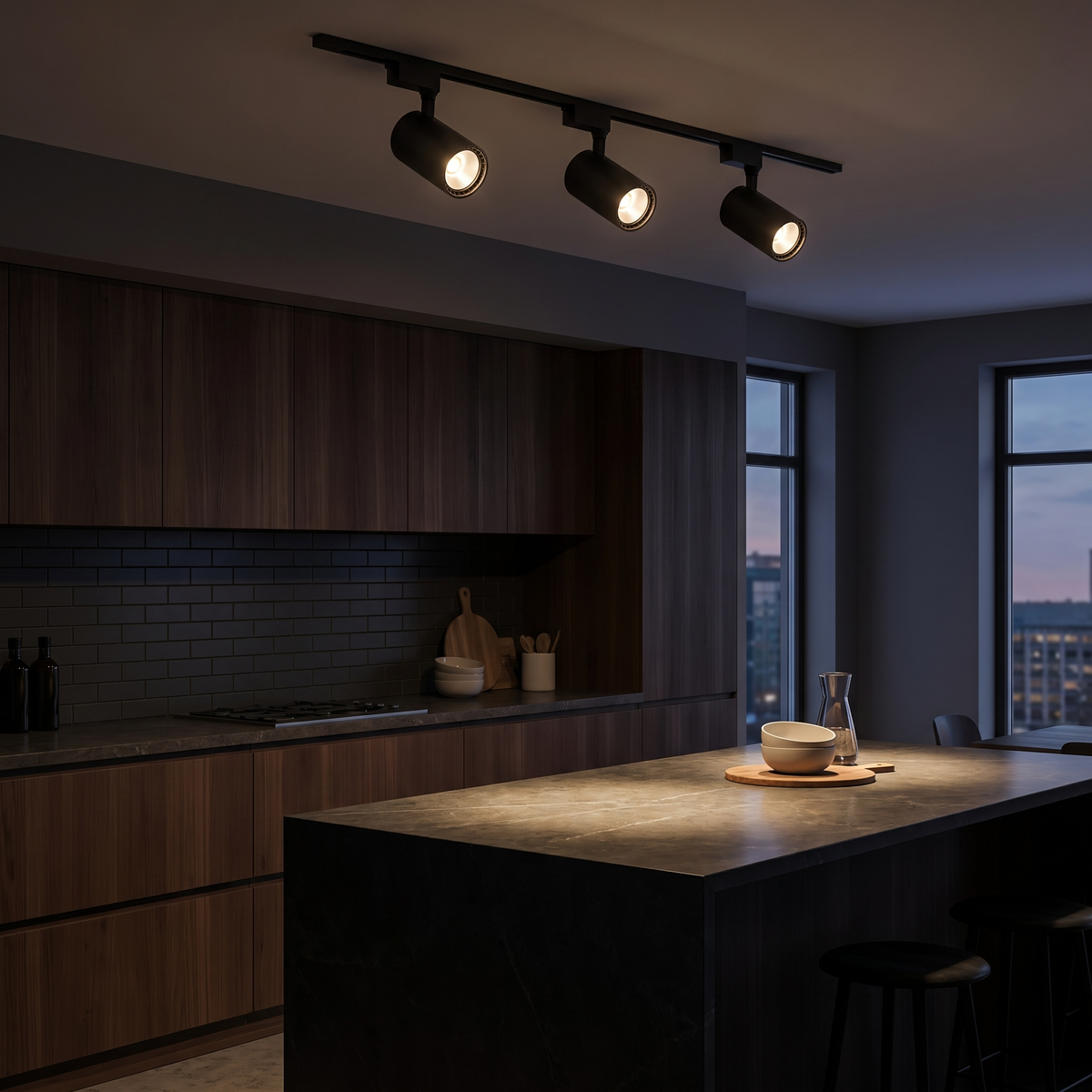 Black LED Track Lighting Kit over a kitchen counter