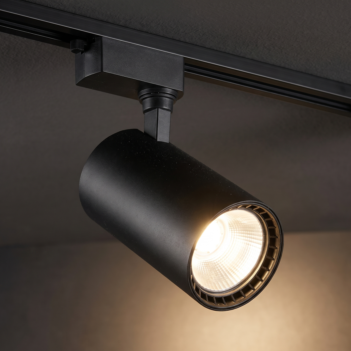 Close-up of one Black LED Track Lighting Kit spotlight head
