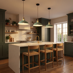 Three Colorful Barn Pendant Lights in green over a kitchen island