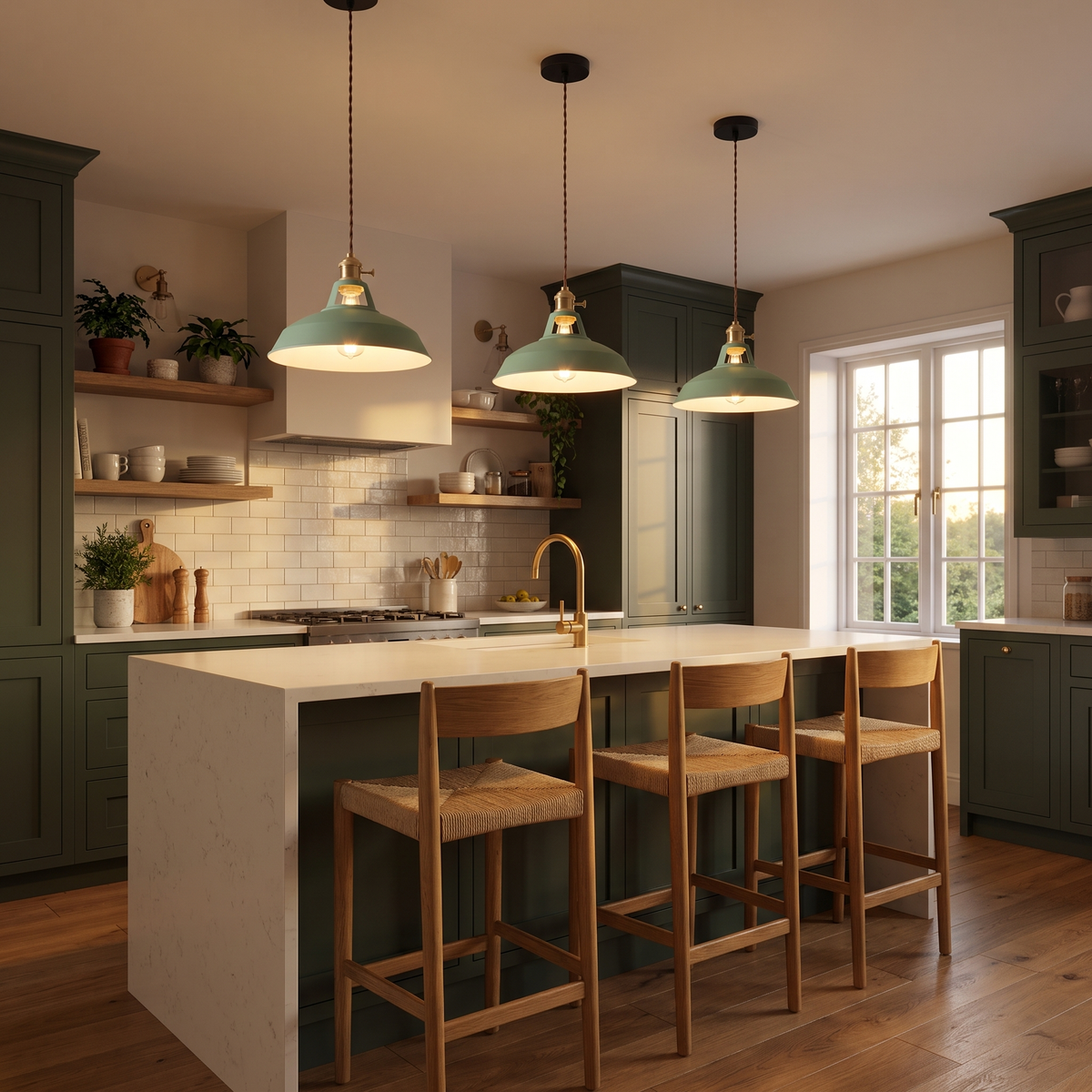 Three Colorful Barn Pendant Lights in green over a kitchen island