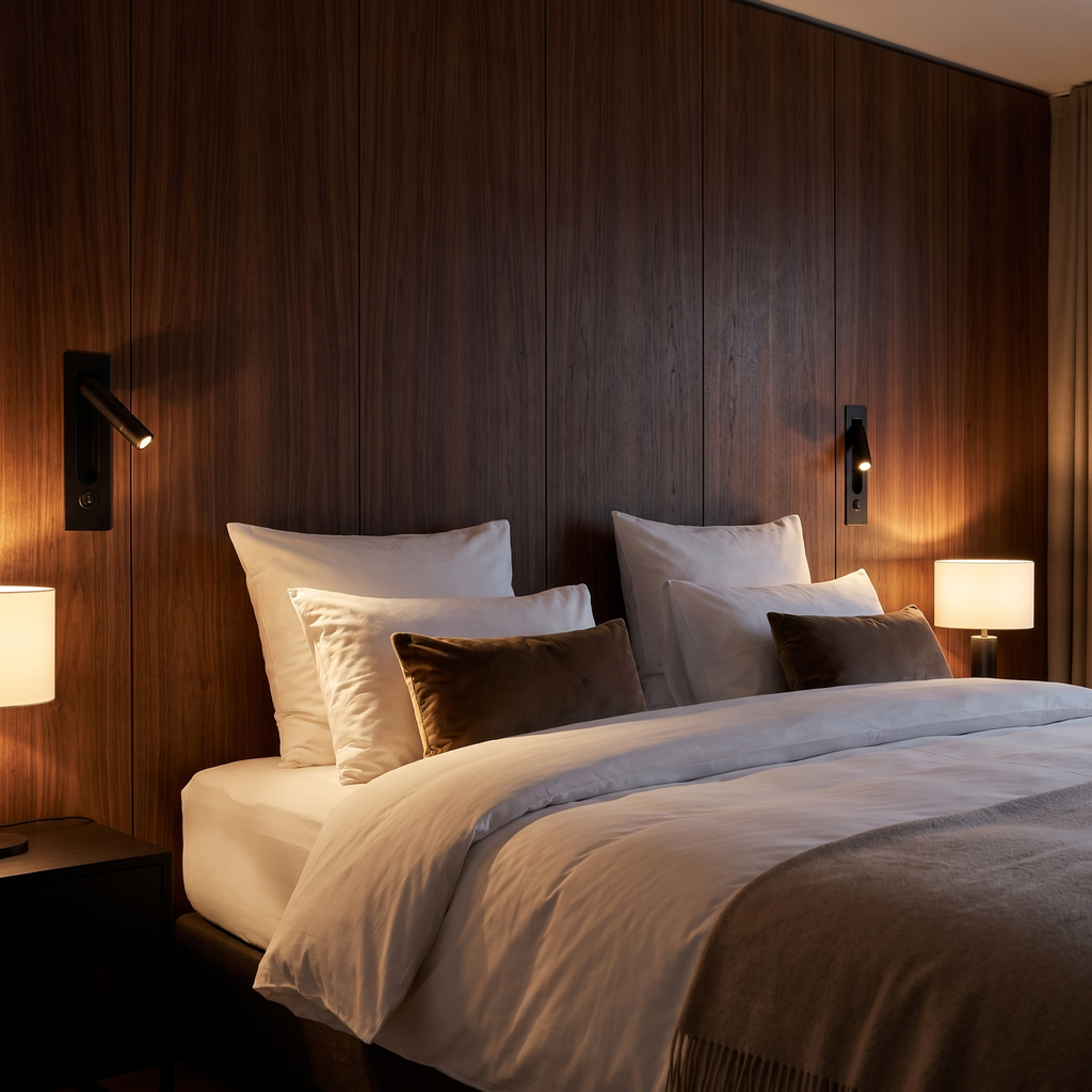 A pair of Recessed Bedside Reading Lights folded flush in a headboard wall