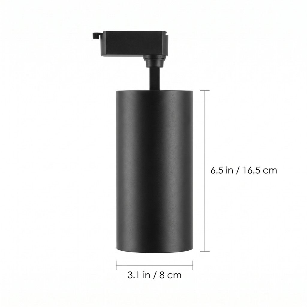 Black LED Track Lighting Kit spotlight dimensions: 6.5 in long, 3.1 in across