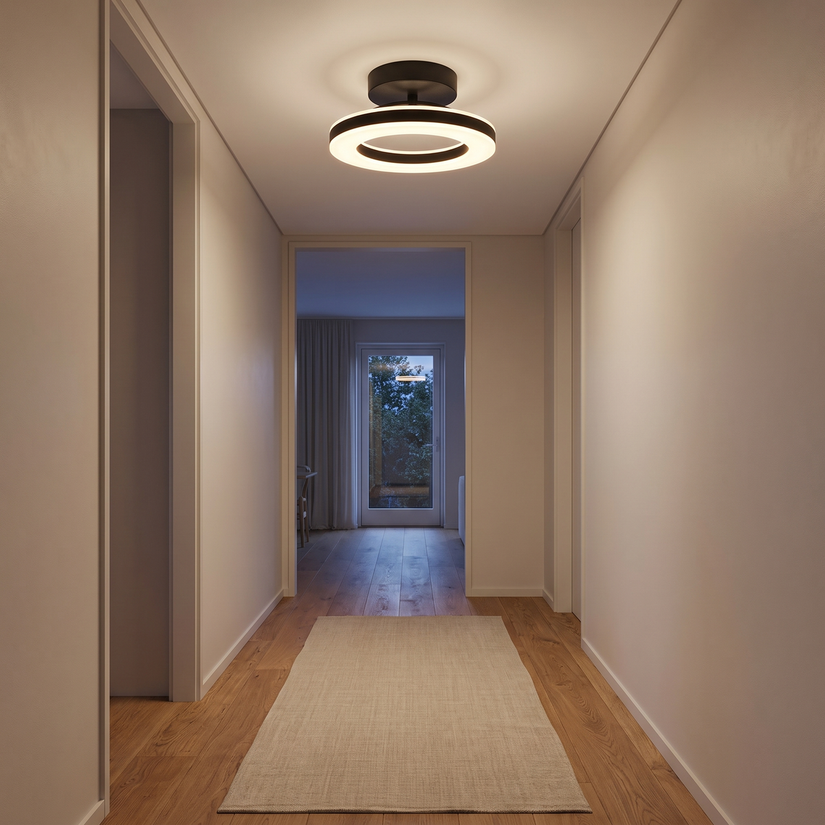 Black Ring Semi Flush Mount Ceiling Light in a hallway