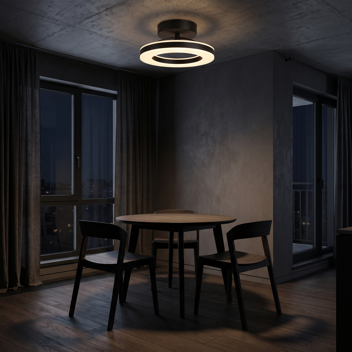 Black Ring Semi Flush Mount Ceiling Light over a small dining table