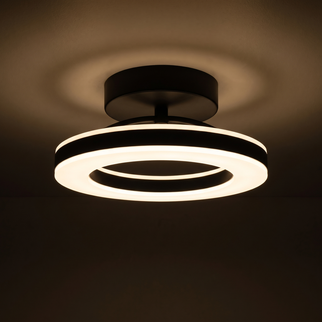 Black Ring Semi Flush Mount Ceiling Light close-up of the lit ring and canopy