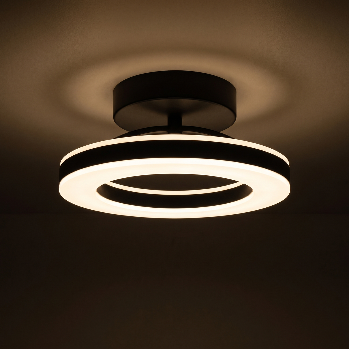 Black Ring Semi Flush Mount Ceiling Light close-up of the lit ring and canopy