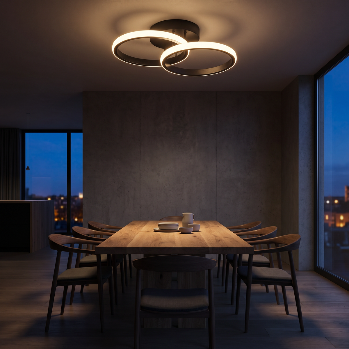 Double Ring LED Ceiling Light over a timber dining table