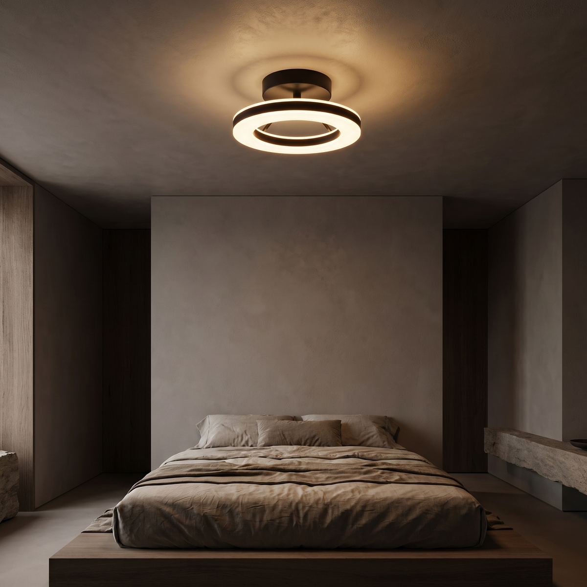 Black Ring Semi Flush Mount Ceiling Light above a bed in a modern bedroom