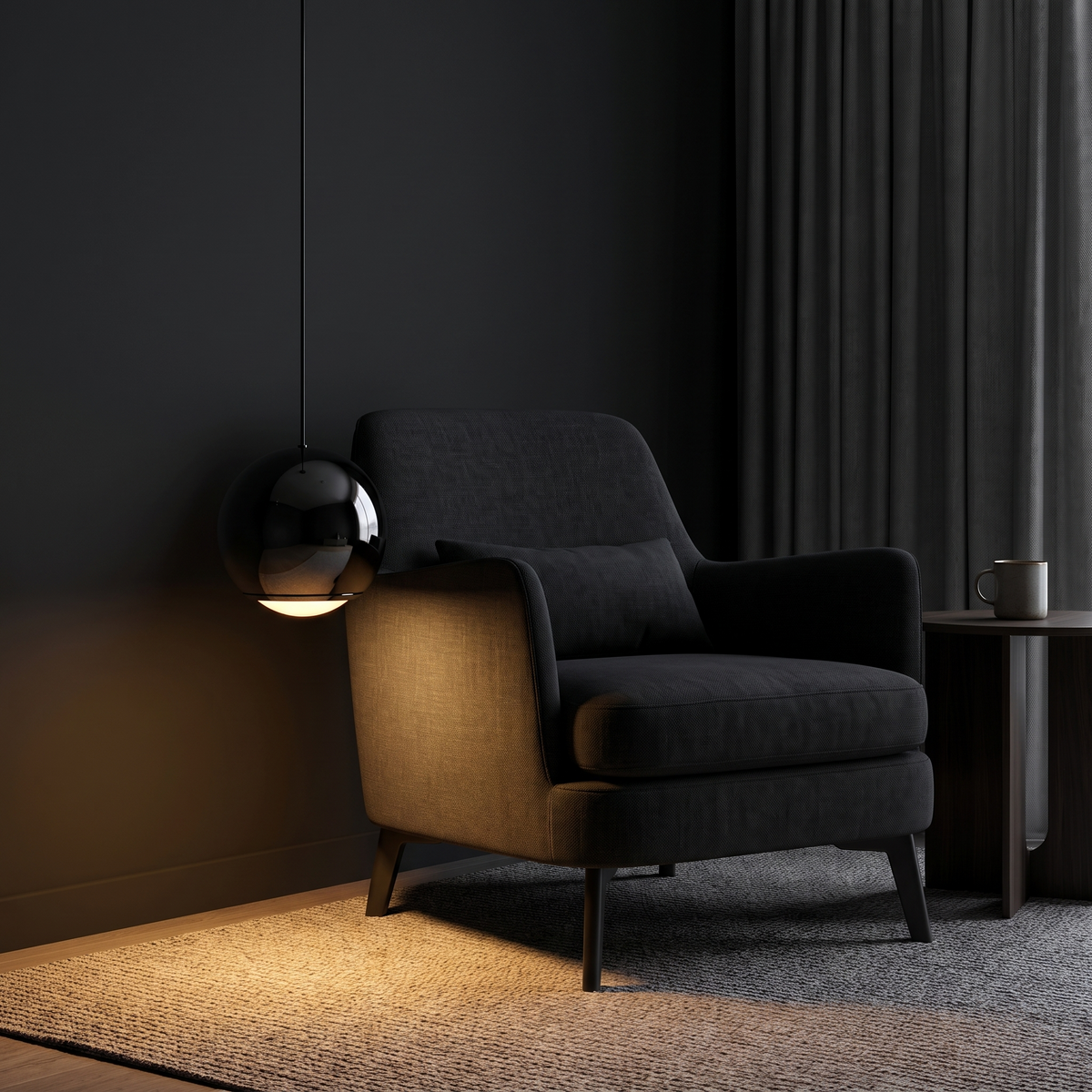 Black Mirror Globe Pendant Light beside a reading armchair