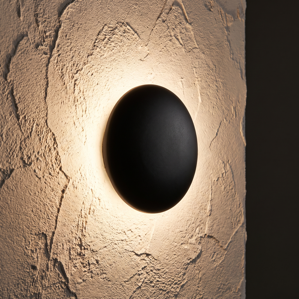 Black Pebble Wall Light close-up on a textured plaster wall
