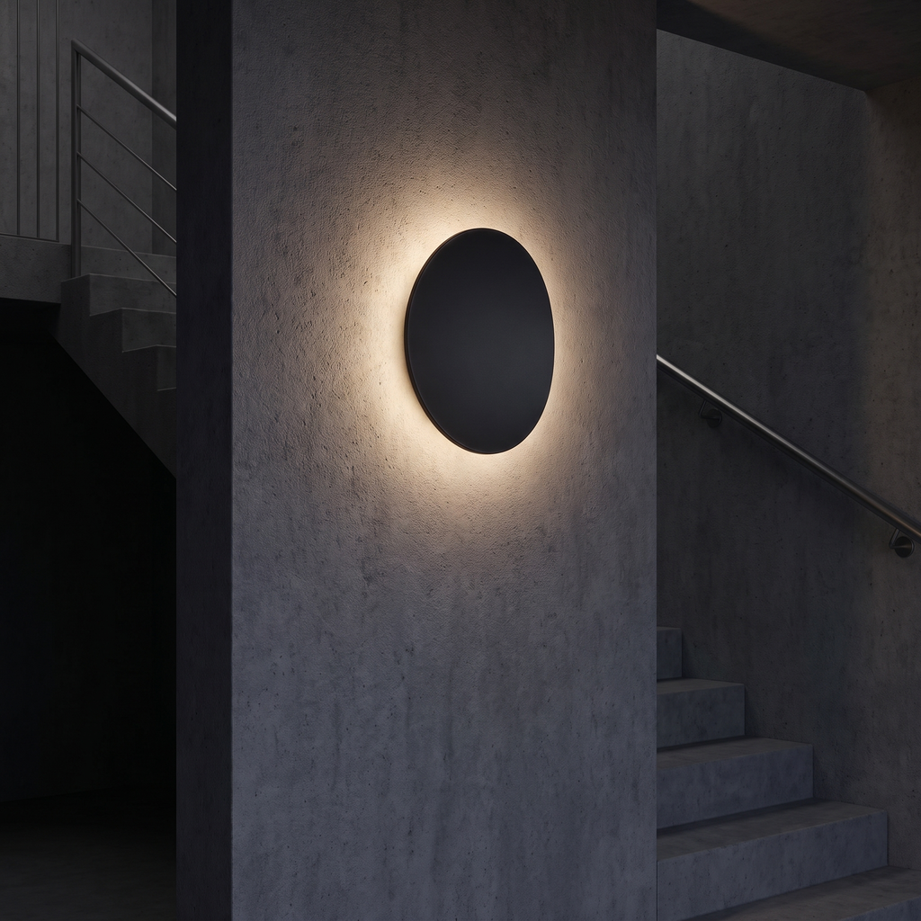 Black Pebble Wall Light in an interior stairwell