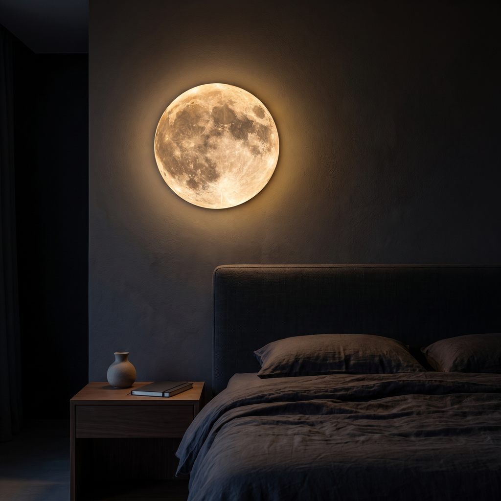 Moon Wall Lamp above a bed in a dark bedroom