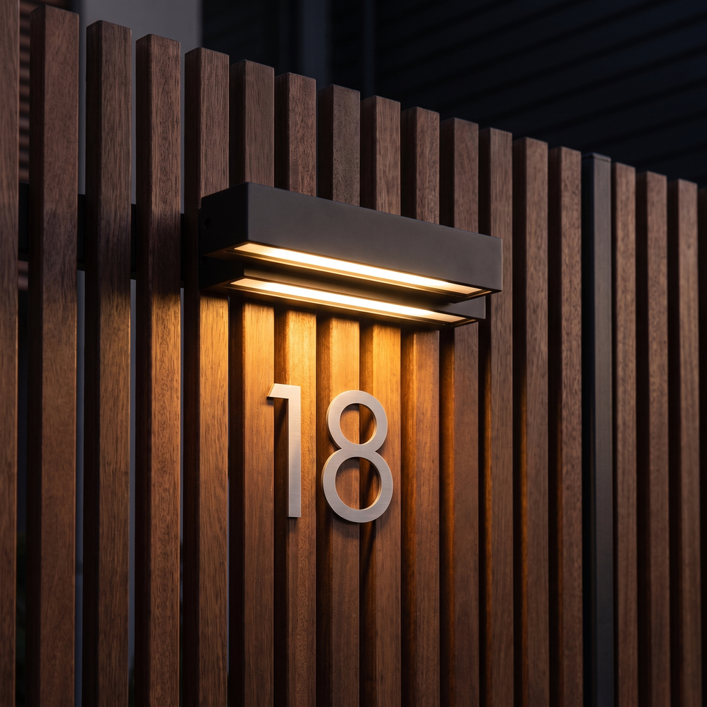 House Number Light above house numbers on a timber slat gate