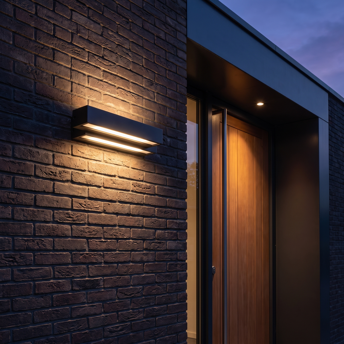 House Number Light on a brick wall beside a front entrance at dusk