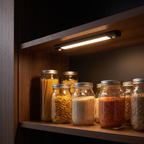 Wireless Under Cabinet Light under a pantry shelf with glass jars