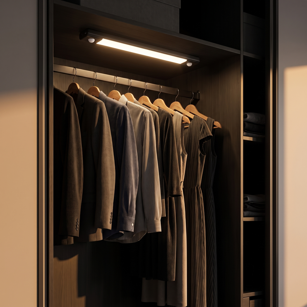 Wireless Under Cabinet Light inside a wardrobe above hanging clothes