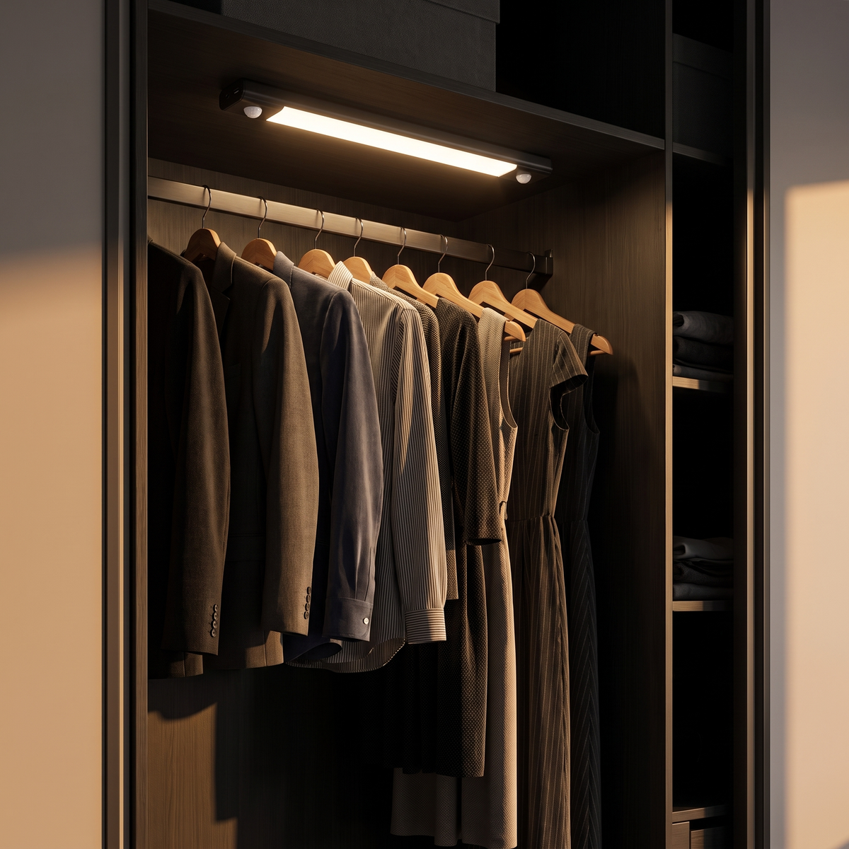 Wireless Under Cabinet Light inside a wardrobe above hanging clothes
