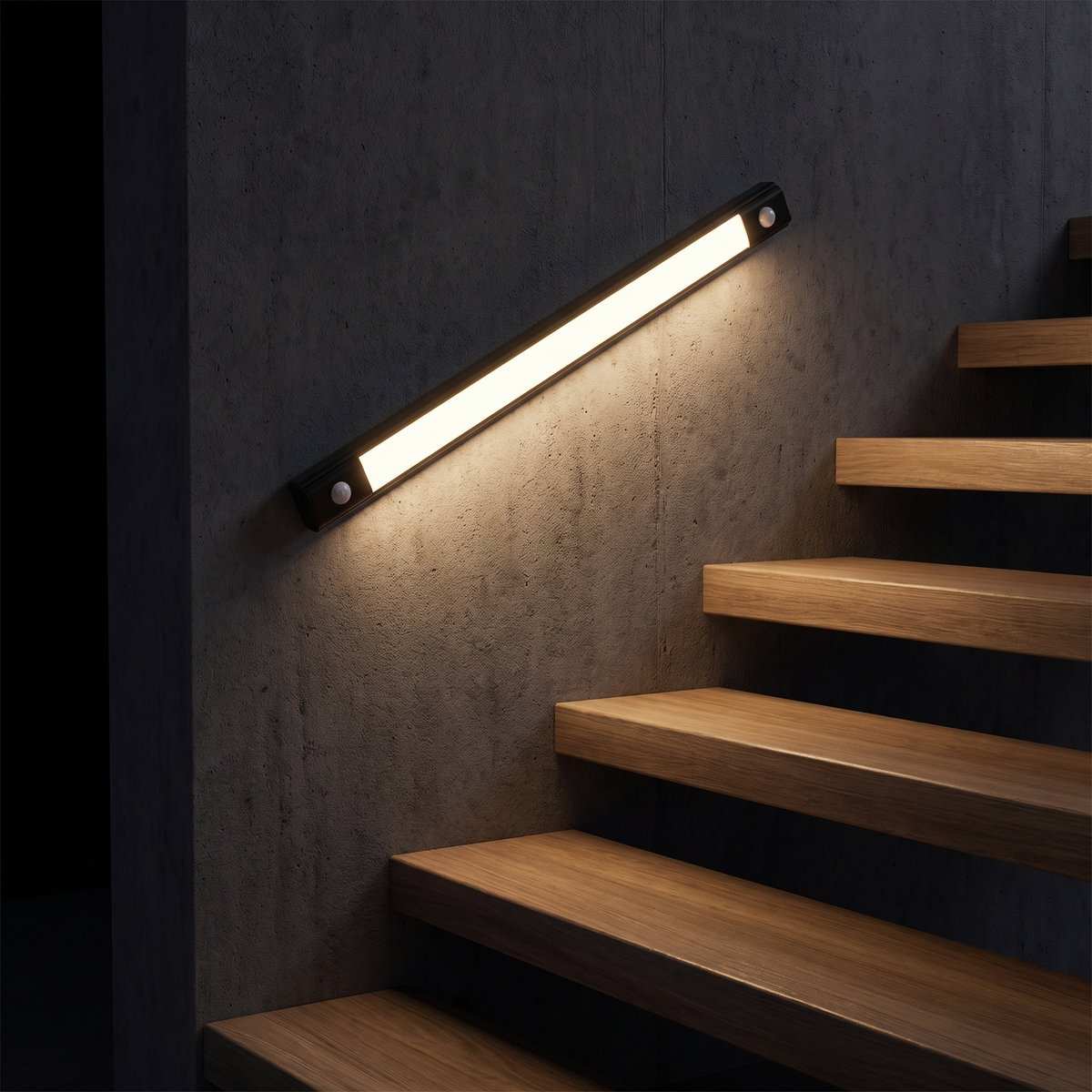 Wireless Under Cabinet Light along a stair wall at night