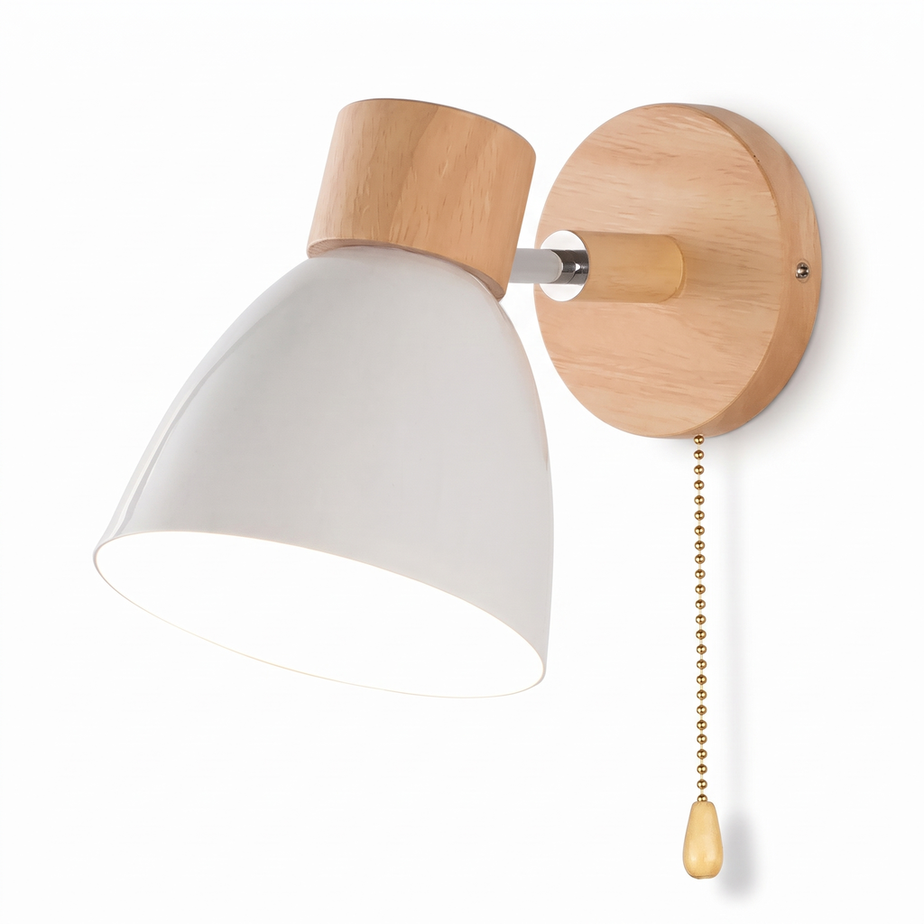 Nordic Wood Wall Sconce with Pull Chain in white on white background
