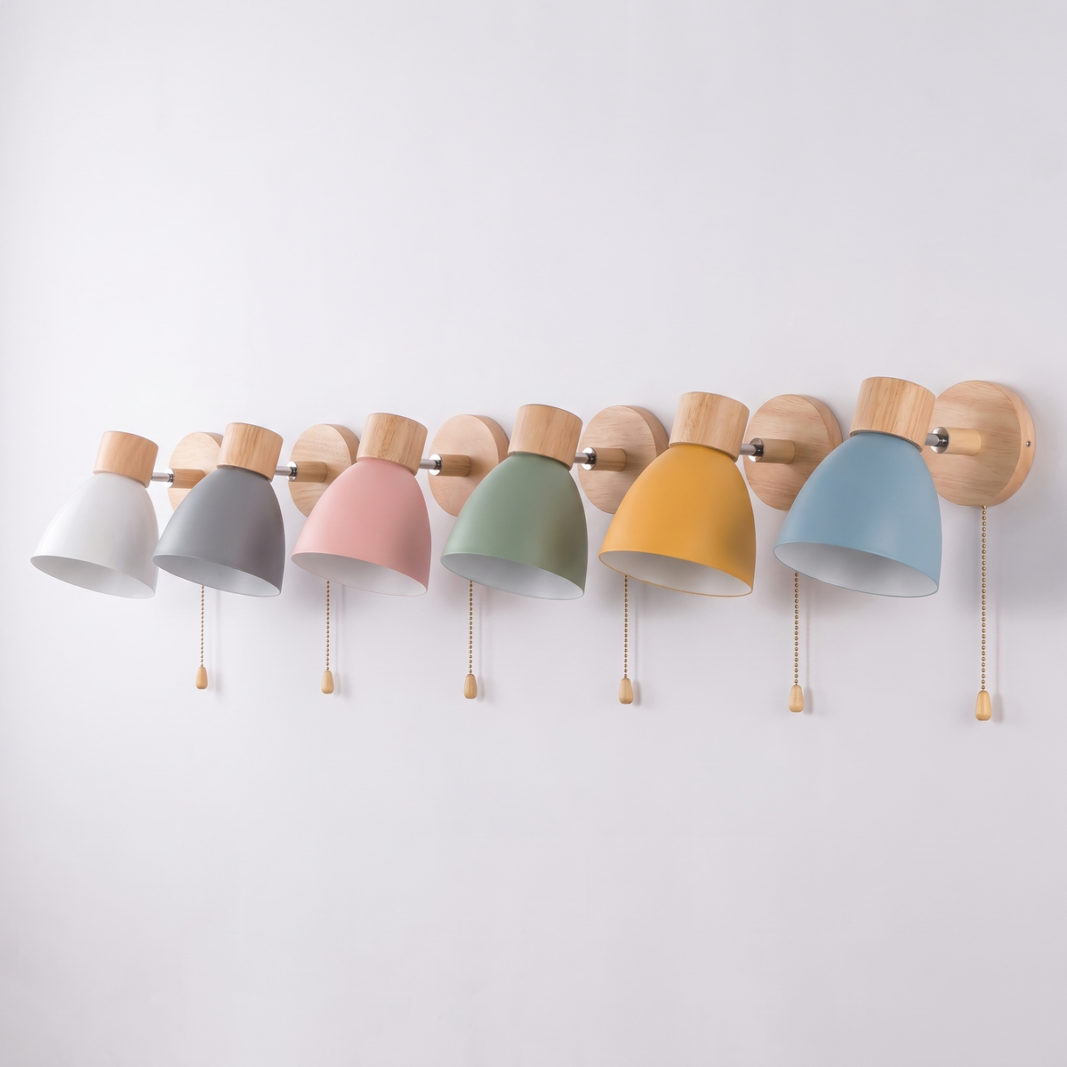 Nordic Wood Wall Sconce with Pull Chain in all six shade colors
