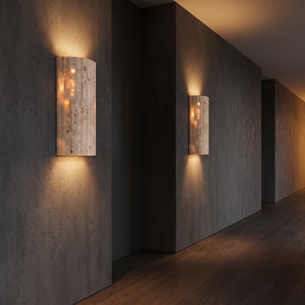 Fluted Stone Look Wall Sconce along a hallway wall