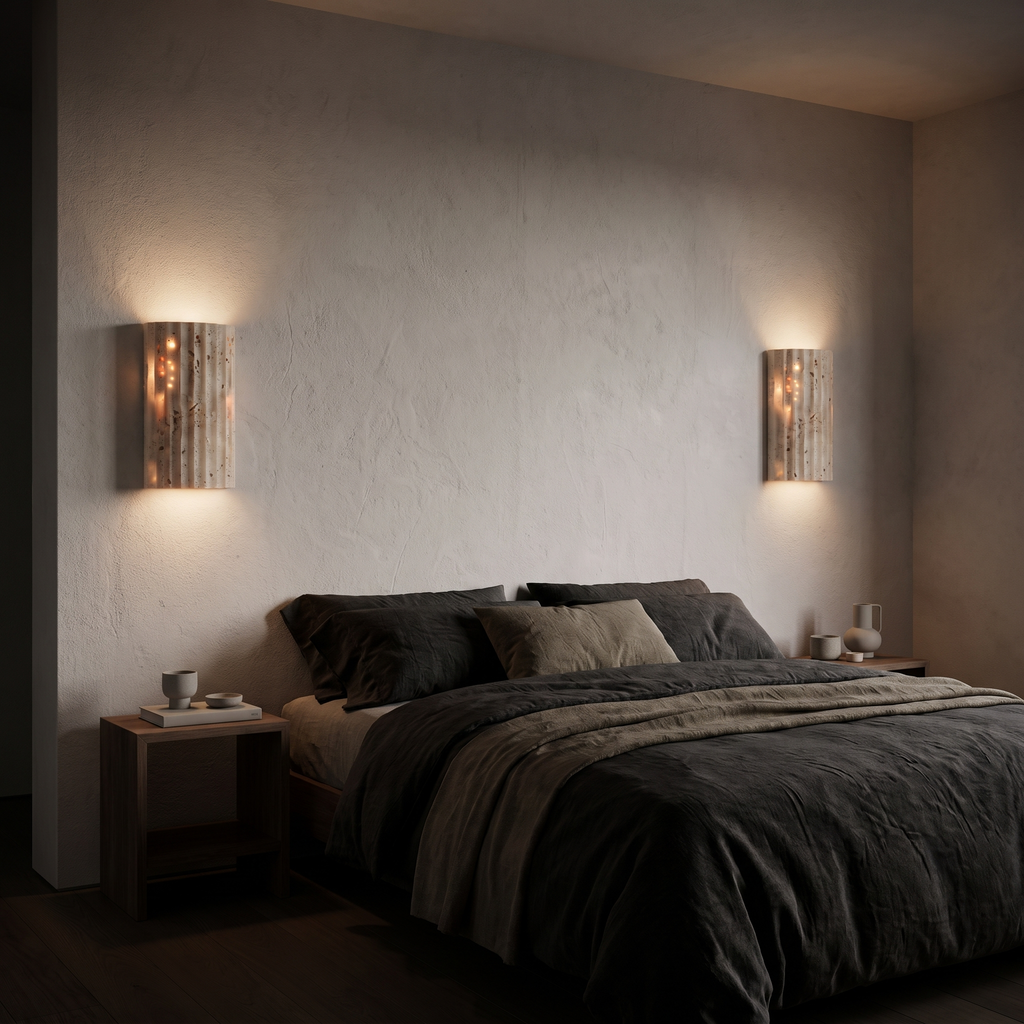 Fluted Stone Look Wall Sconce pair either side of a bed