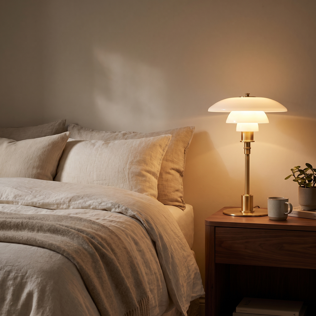 Scandinavian Layered Glass Table Lamp on a bedside table